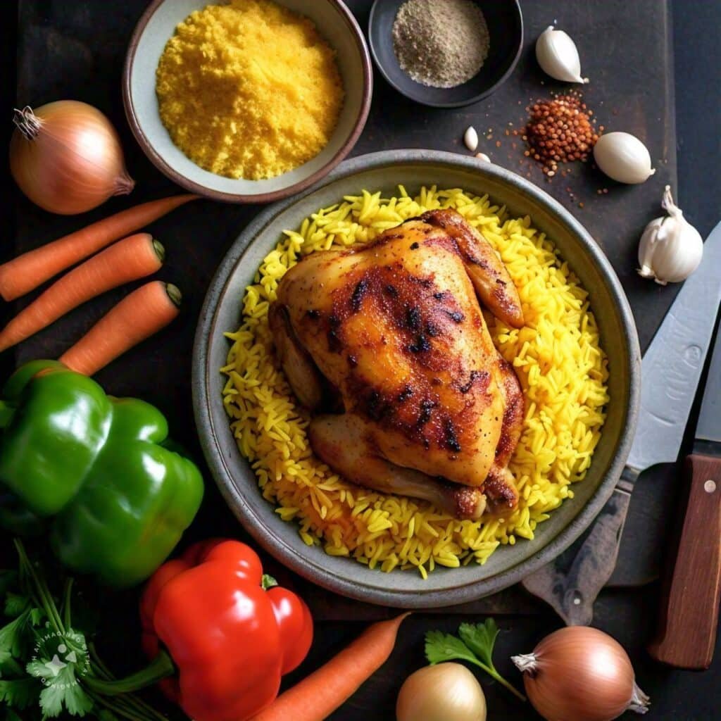 Ingredients to make chicken and yellow rice