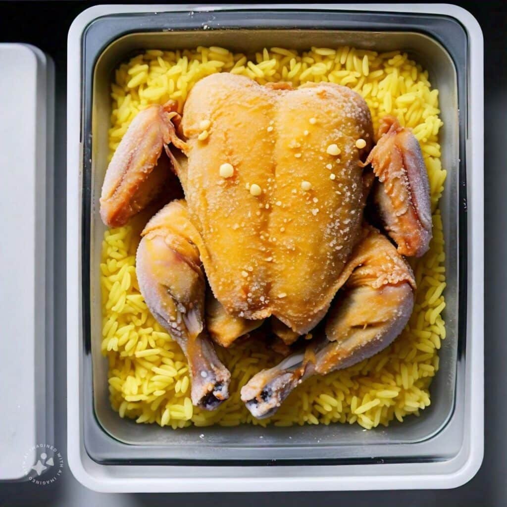 Chicken and yellow rice are frozen and stored.