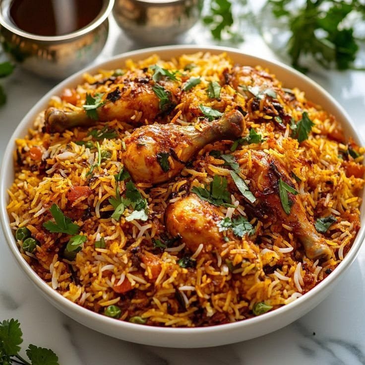 Fluffy saffron basmati layered over tender spiced chicken in a pot of the best chicken biryani.