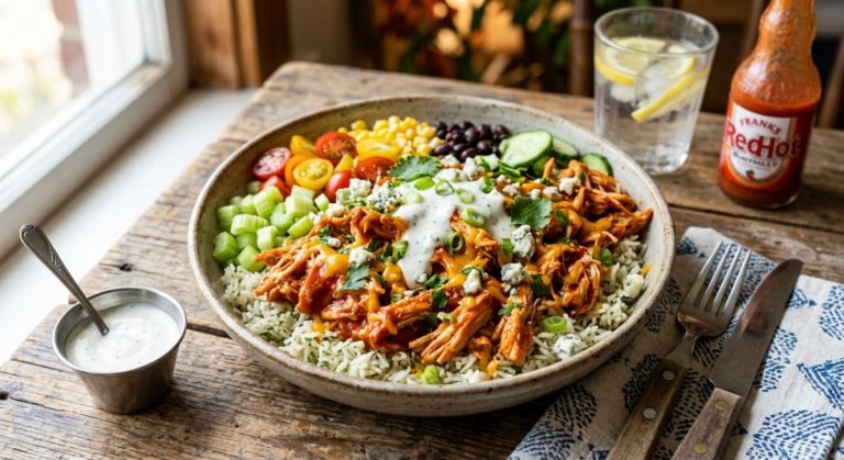 Buffalo chicken rice bowl with fluffy rice, veggies and ranch drizzle