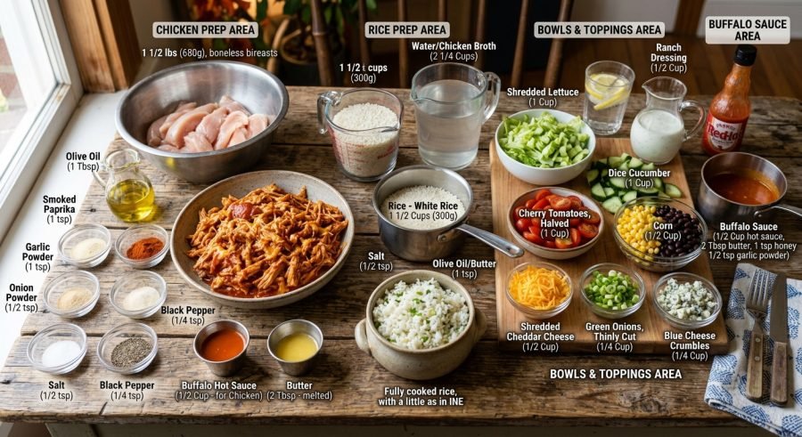 Buffalo chicken rice bowls with fluffy rice, saucy chicken, corn, tomatoes, and a ranch drizzle