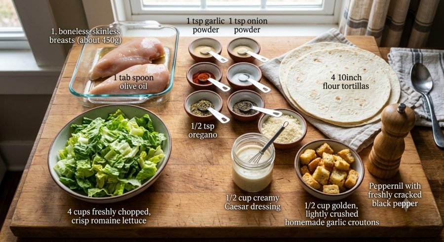 Toasted chicken Caesar wrap cut in half, showing sliced chicken, romaine, Parmesan, and creamy dressing.