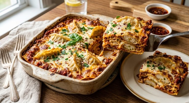 Easy and cheesy dumpling lasagna baked with marinara and mozzarella