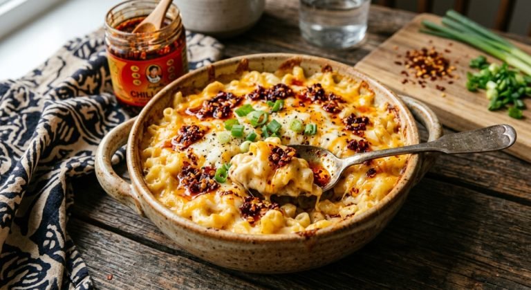 Chili crisp mac and cheese with a crunchy chili topping