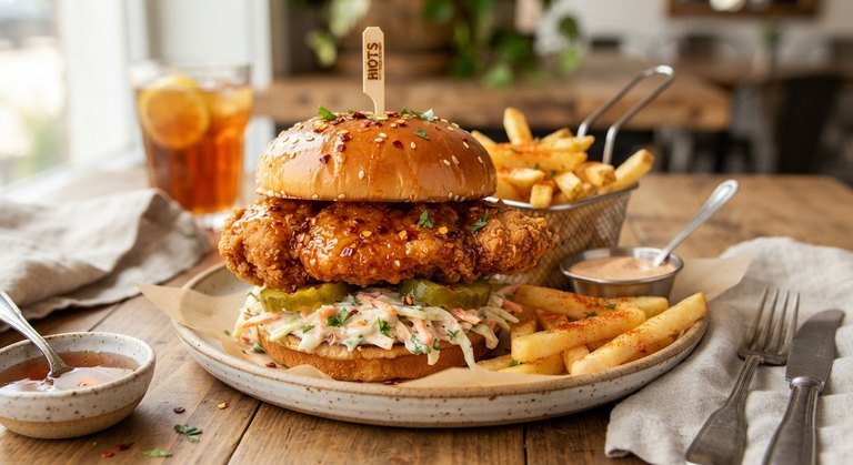 Hot honey chicken sandwich with crispy chicken, pickles and slaw on a brioche bun