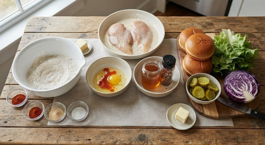 Ingredients for a hot honey chicken sandwich laid out: chicken in buttermilk, seasoned flour, honey, chilli flakes, brioche buns, pickles, lettuce and cabbage
