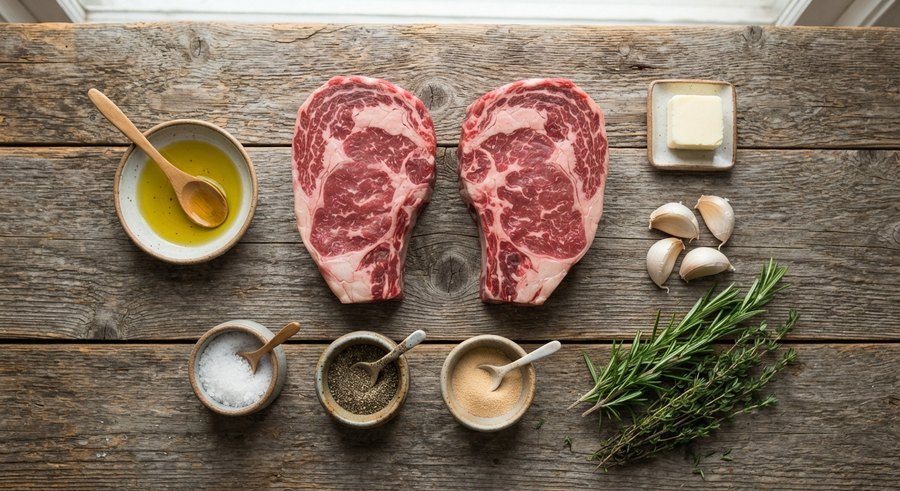 Ingredients for a juicy and tender beef steak: two marbled ribeye steaks with olive oil, butter, garlic cloves, salt, pepper, garlic powder, rosemary and thyme